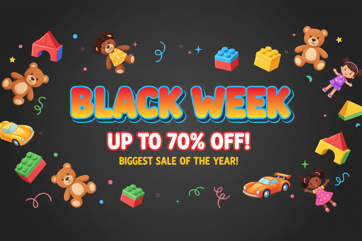 Generate a black week banner/hero for a kids toys store.